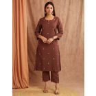 Brown Embroidered Cotton Linen Kurta with Pants - Set of 2
