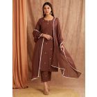 Brown Embroidered Cotton Linen Suit - Set of 3