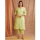Mint Green Embroidered Cotton Linen Kurta with Pants - Set of 2