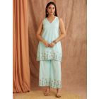 Blue Embroiderd Cotton Linen Kurta with Palazzo - Set of 2