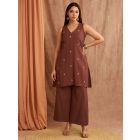 Brown Embroidered Cotton Linen Kurta with Palazzo - Set of 2