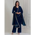 Blue Embroidered Velvet A-Line Suit - Set of 3