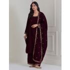 Burgundy Embroidered Velvet Anarkali Suit - Set of 3