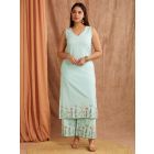 Blue Embroiderd Cotton Linen Kurta with Palazzo - Set of 2