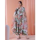 Blue Printed Viscose Organza Dupatta