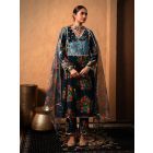 Teal Green Printed Velvet Embroidered Kurta with Pants- Set of 2