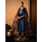 Blue Embroidered Velvet Kurta with Pants- Set of 2