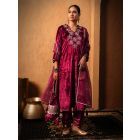 Wine Embroidered Velvet Kurta with Pants- Set of 2