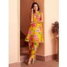 Yellow Pink Printed Cotton Kurta