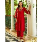 Red Embroidered Cotton Pants