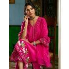 Fuchsia Embroidered Chanderi Kurta with Pants- Set of 2