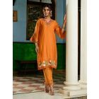 Orange Embroidered Chanderi Kurta with Pants- Set of 2