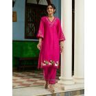 Fuchsia Embroidered Chanderi Kurta with Pants- Set of 2