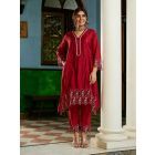Red Embroidered Chanderi Kurta with Pants- Set of 2