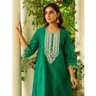 Green Embroidered Chanderi Kurta with Pants- Set of 2