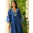 Blue Embroidered Chanderi Choga with Pants- Set of 2