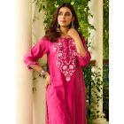Fuchsia Embroidered Chanderi Kurta with Pants- Set of 2