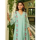 Aqua Blue Embroidered Chanderi Kurta with Pants- Set of 2