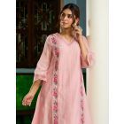 Powder Pink Embroidered Chanderi Kurta with Pants- Set of 2