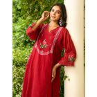 Red Embroidered Chanderi Kurta with Pants- Set of 2