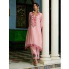 Powder Pink Embroidered Chanderi Kurta with Pants- Set of 2