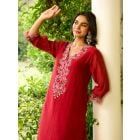 Red Embroidered Chanderi Kurta with Pants- Set of 2