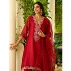 Red Embroidered Chanderi Kurta with Pants- Set of 2