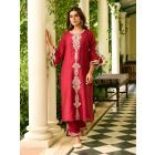 Maroon Embroidered Chanderi Kurta with Pants- Set of 2