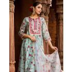 Powder Blue Printed Chanderi Kurta with Pants- Set of 2