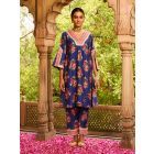 Blue Printed Chanderi Kurta with Pants- Set of 2