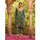 Green Printed Chanderi Kurta with Pants- Set of 2