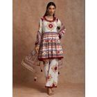 Multicolor Printed Cotton Suit with Organza Dupatta - Set of 3