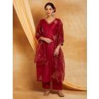 Maroon Embroidered Chanderi Suit - Set of 3