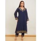 Blue Embroidered Viscose Chanderi Kurta with Pants - Set of 2