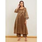 Golden Brown Striped Tissue Kurta with Pants - Set of 2