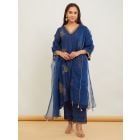Blue Embroidered Chanderi Suit - Set of 3