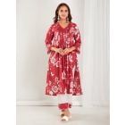 Red White Printed Cotton Kurta with Pants - Set of 2