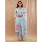 Powder Blue Printed Cotton Cambric Suit - Set of 3