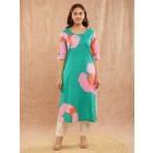 Green Pink Printed Cotton Cambric Kurta