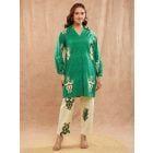 Green Printed Cotton Slub Tunic with Pants - Set of 2