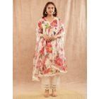 Ivory Red Printed Chanderi Suit - Set of 3