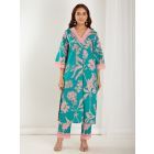 Green Pink Printed Cotton Cambric Kurta with Pants - Set of 2