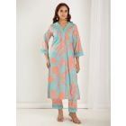 Blue Orange Printed Cotton Cambric Kurta with Pants - Set of 2