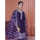 Purple Embroidered Viscose Organza Dupatta