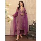 Purple Zari Embroidered Tissue Chanderi Silk Suit - Set of 3