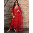Red Zari Work Chanderi Silk Suit - Set of 3