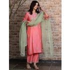 Coral Embroidered Chanderi Silk Suit - Set of 3