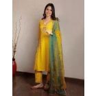 Yellow Hand Embroidered Tissue Chanderi Silk Suit - Set of 3