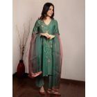 Green Hand Embroidered Chanderi Silk Suit - Set of 3