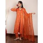 Orange Hand Embroidered Tissue Chanderi Silk Suit - Set of 3